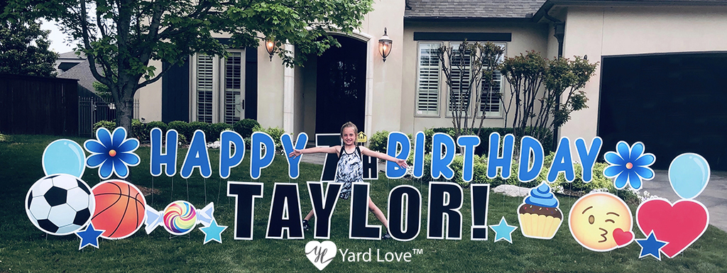 Blue Happy 7th Birthday Taylor Sports, Candy, and Love themed Yard Signs