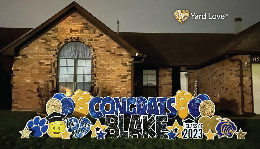 shimmering blue black and gold Congrats Blake Class of 2023 yard love sign