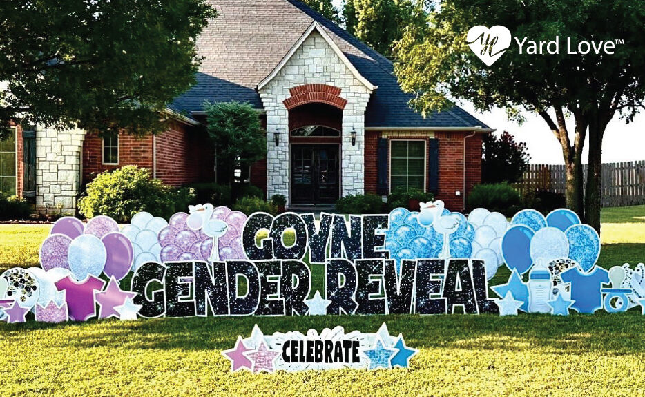 glitter Goyne Gender Reveal Yard Love sign with pink and blue balloons