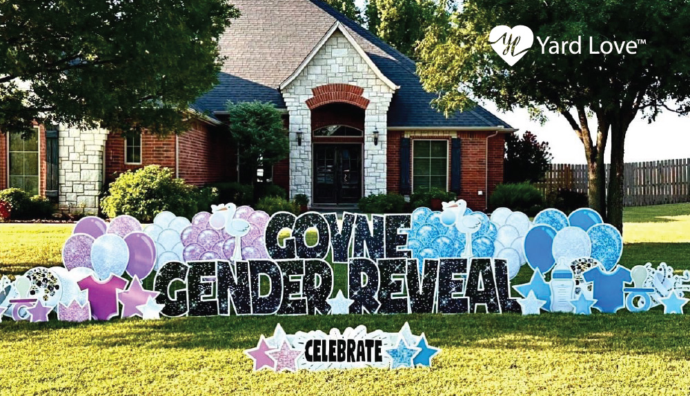 glitter Goyne Gender Reveal Yard Love sign with pink and blue balloons