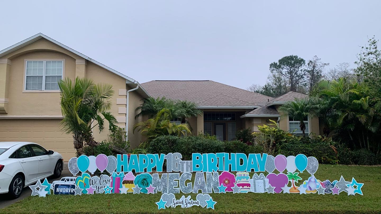 Happy 16th Birthday Megan - Yard Sign with extra signs: NWDRVR, We Love You, Cakes, Stars, Balloons, Sweet Sixteen, Cupcakes, Hearts, Presents a car, palm tree, shells on the beach, flowers- in Turqoise, Silver, Pinks and yellows - silver is all glitter.