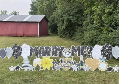 Marry Me? Always and Forever - in Sparkly Gold, Black, White, and Silver - ring, champagne bottle and glasses, flowers, stars, cake, and balloons