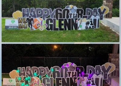 Happy 60th B-Day Glenn - What Dat, #1 Dad, Present, Football, New Orleans Saints Logo, Football and football player, fishing rod, balloons and presents