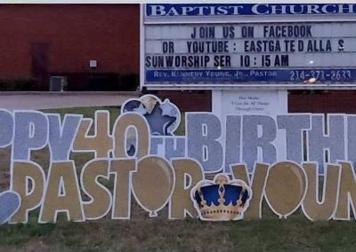 Happy 40th Birthday Pastor Young - stars, balloons, music notes, presents, bible, cross and praying hands, crown - light blue and gold