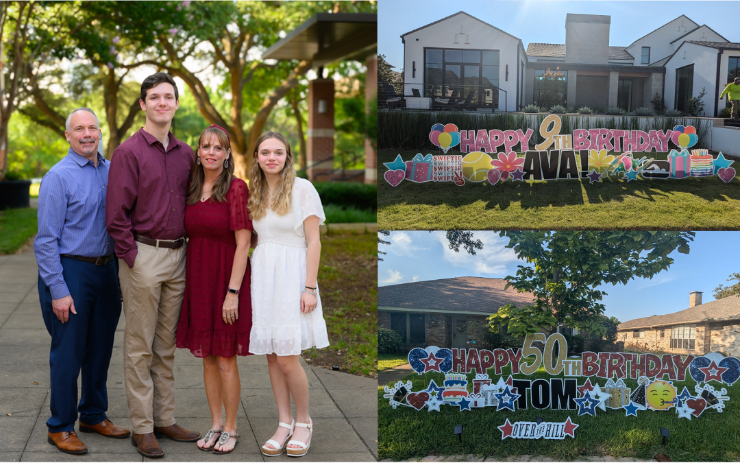 A composite image consisting of three separate photos. On the left, a family of four—two parents and two young adults—pose outdoors in a park-like setting with trees and a paved walkway. The father wears a blue dress shirt and dark pants, the son wears a maroon shirt and beige pants, the mother wears a maroon dress, and the daughter wears a white dress. On the right side, two images display large, colorful outdoor birthday yard signs. The top-right image features a house with a 'Happy 9th Birthday Ava!' sign decorated with balloons, presents, and stars. The bottom-right image showcases another house with a 'Happy 50th Birthday Tom' sign, also adorned with balloons, stars, and celebratory decorations, along with a small sign that reads 'Over the Hill.