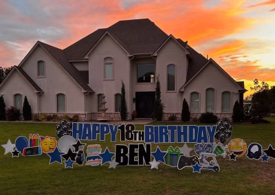 A house featuring a vibrant birthday sign in the yard, marking a festive celebration. With a beautiful sunset sky behind the house. Happy 18th Ben!
