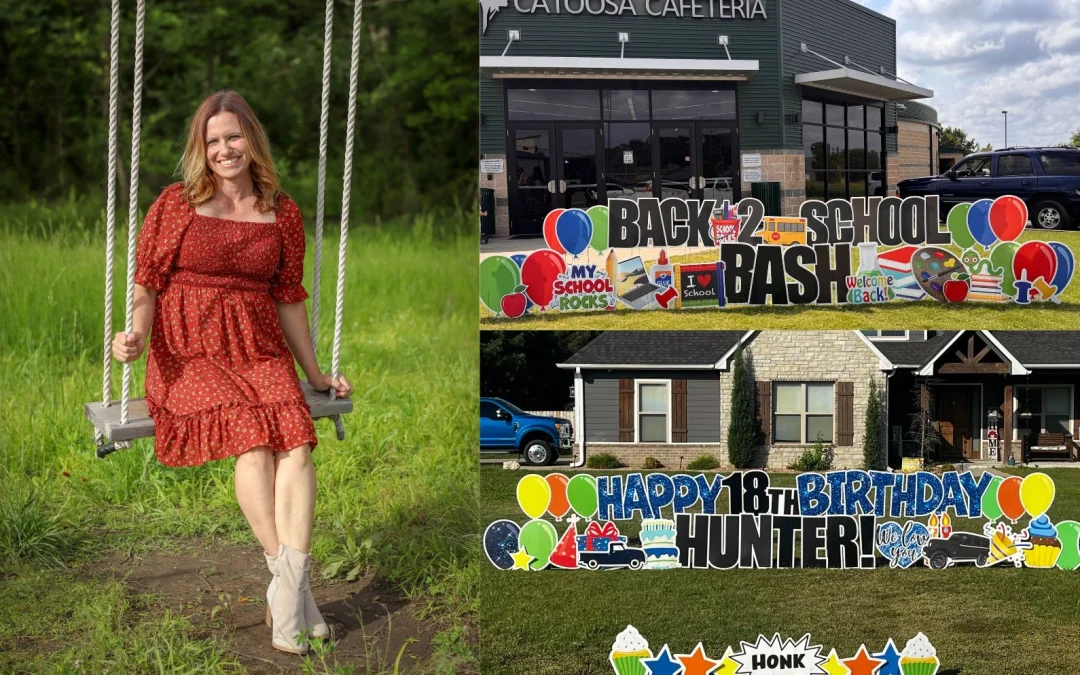 lady in dress on tree swing, two pictures to the right of yard love signs for school bash and birthday